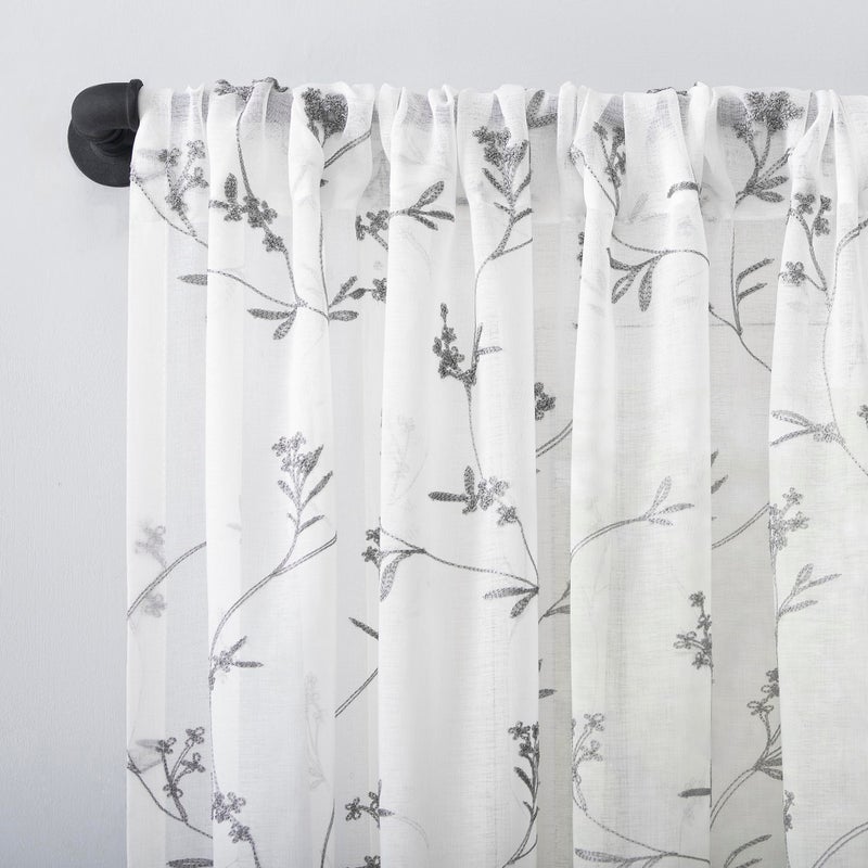 No. 918 Delia Embroidered Floral Sheer Rod Pocket Curtain Valance, 50" x 17", White - Image 2